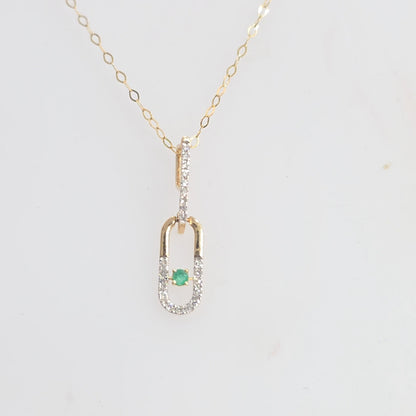 0.10ctw Diamond and 1.8MM Round Natural Emerald Paper Clip Necklace