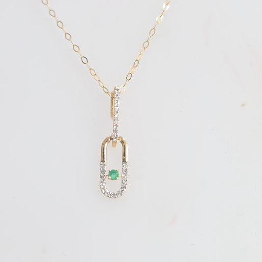 0.10ctw Diamond and 1.8MM Round Natural Emerald Paper Clip Necklace