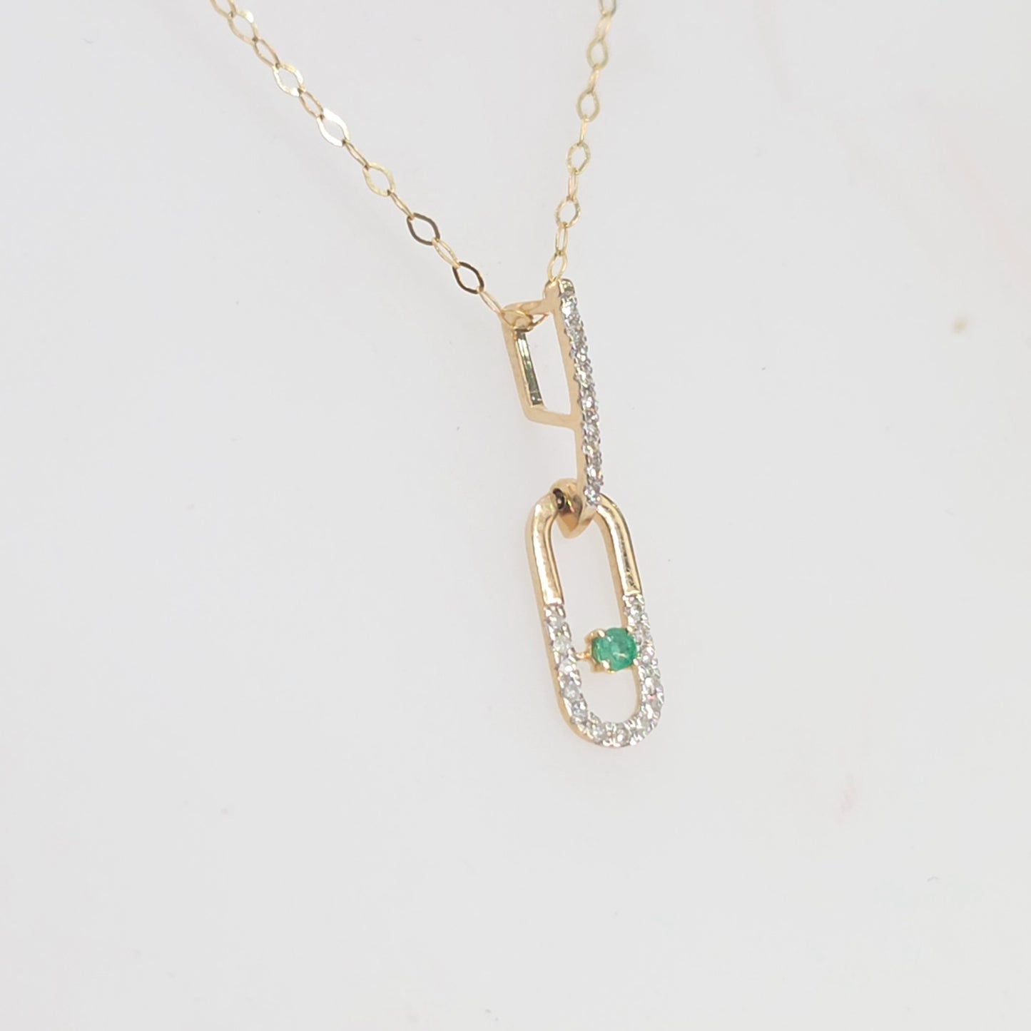 0.10ctw Diamond and 1.8MM Round Natural Emerald Paper Clip Necklace