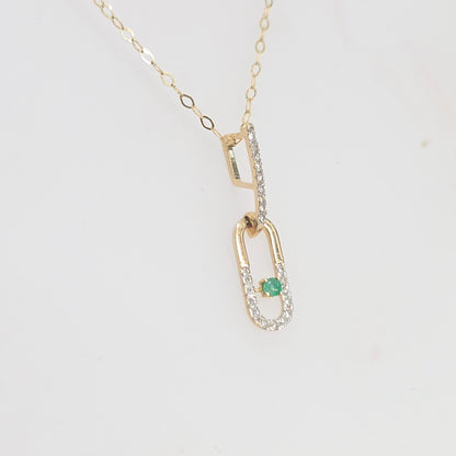 0.10ctw Diamond and 1.8MM Round Natural Emerald Paper Clip Necklace