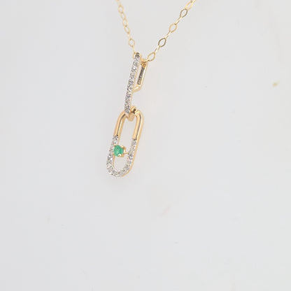 0.10ctw Diamond and 1.8MM Round Natural Emerald Paper Clip Necklace