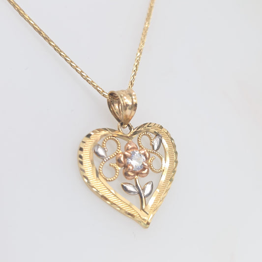 14K Yellow Gold Two-Tone Heart Flower Pendant Necklace 18" Chain 3.67g