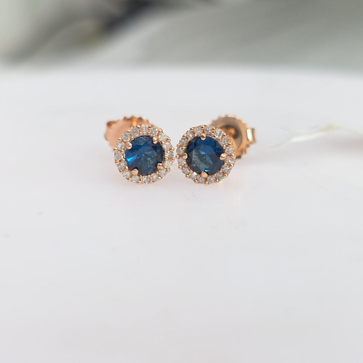 14kt Rose Gold Natural Diamond Halo Earirng with Deep Royal Blue Lab Created Sapphire