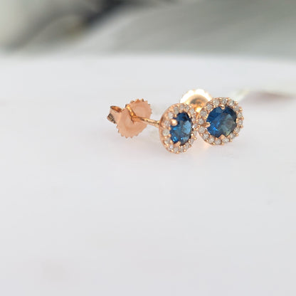 14kt Rose Gold Natural Diamond Halo Earirng with Deep Royal Blue Lab Created Sapphire