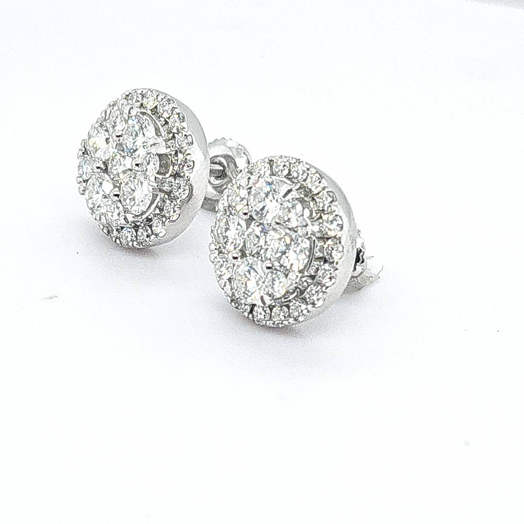 14KT White Gold 3.00 CTW Diamond Halo Cluster Earrings – EF/VS – IGL Certified – Luxury Screw Back Studs