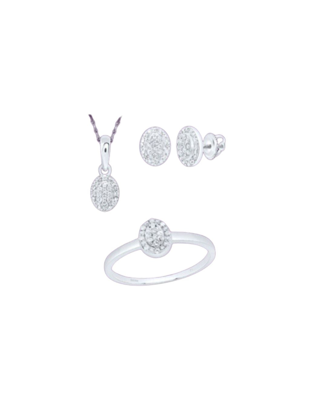 Oval Design 3 Piece Silver + Diamond Set