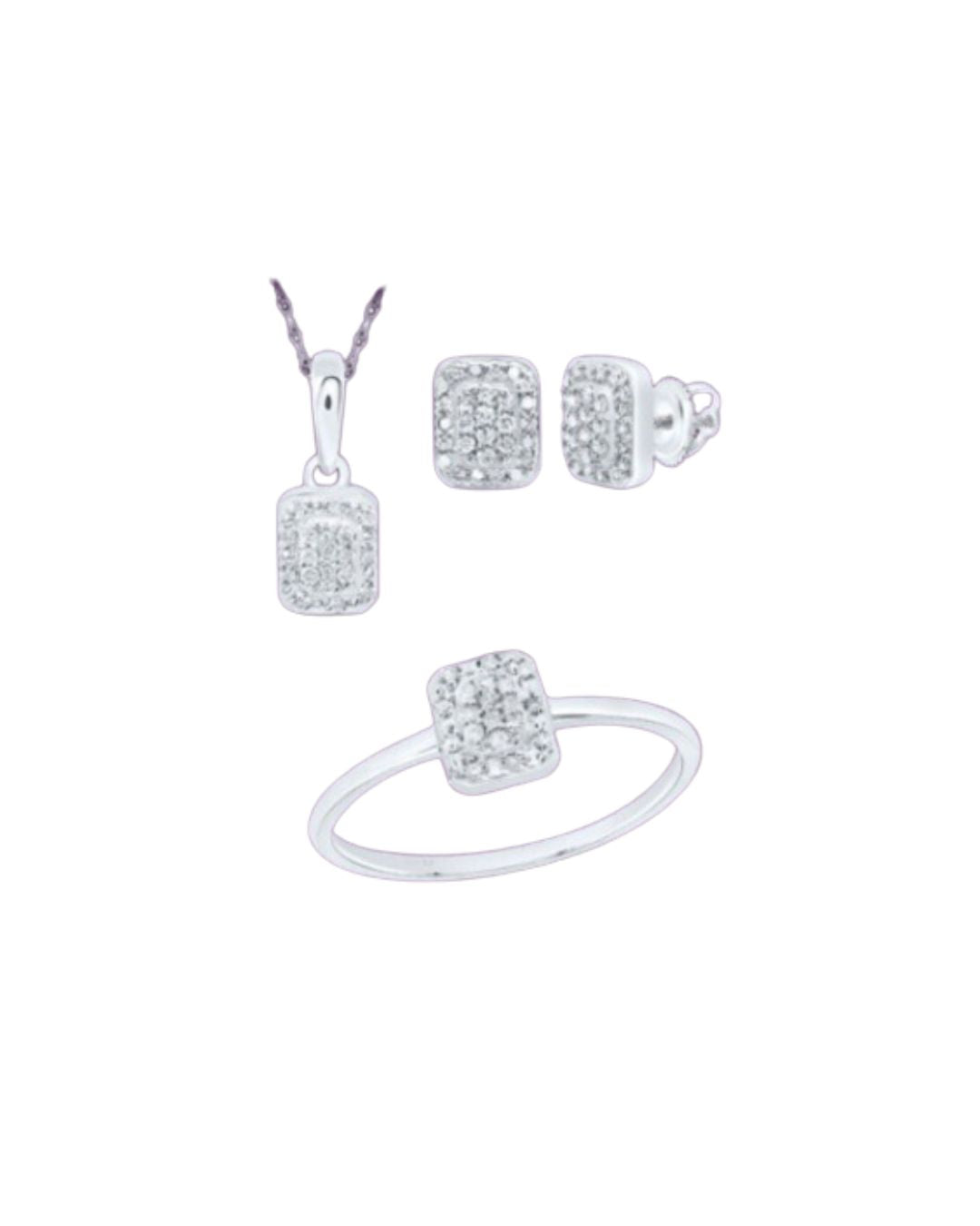 Square Design 3 Piece Silver + Diamond Set