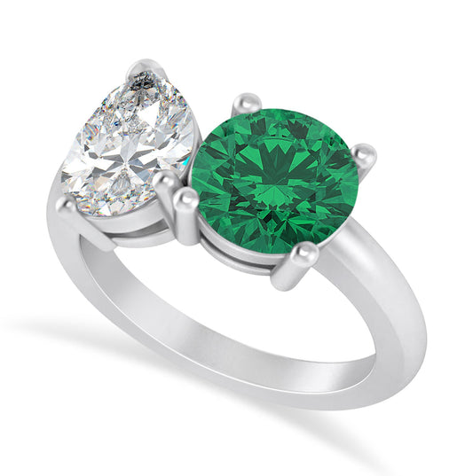 14KT White Gold Toi et Moi Ring – Round Emerald & Pear Diamond