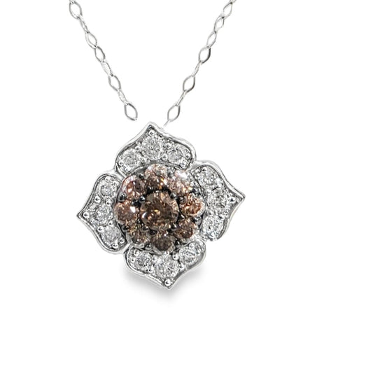 1.00 ctw Floral Bloom Brown and White Diamond Pendant in White Gold