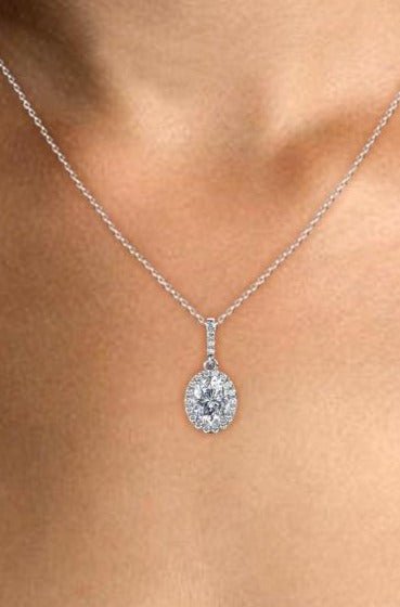 IGI Certified 14kt White Gold 1.72ctw Oval Diamond Halo Necklace Pendant - Pristine J LLC