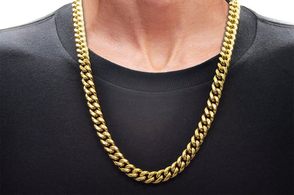 Mens 10mm Gold Stainless Steel Cuban Link Chain Necklace With Box Clasp - Pristine J LLC