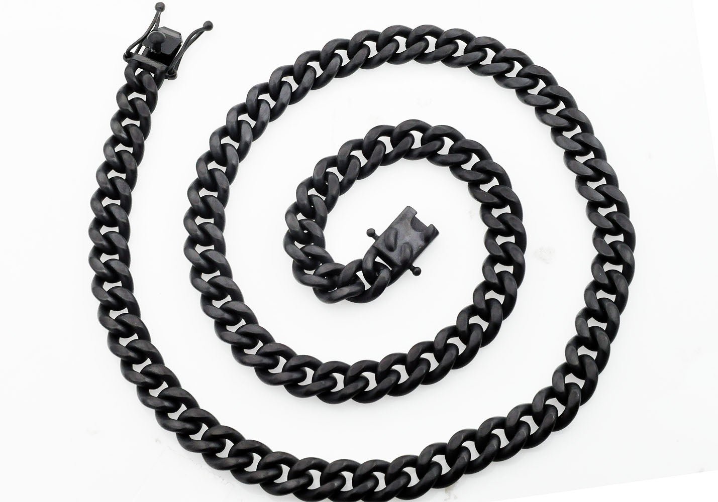 Mens 10mm Matte Black Stainless Steel Miami Cuban Link Chain Necklace With Box Clasp - Pristine J LLC