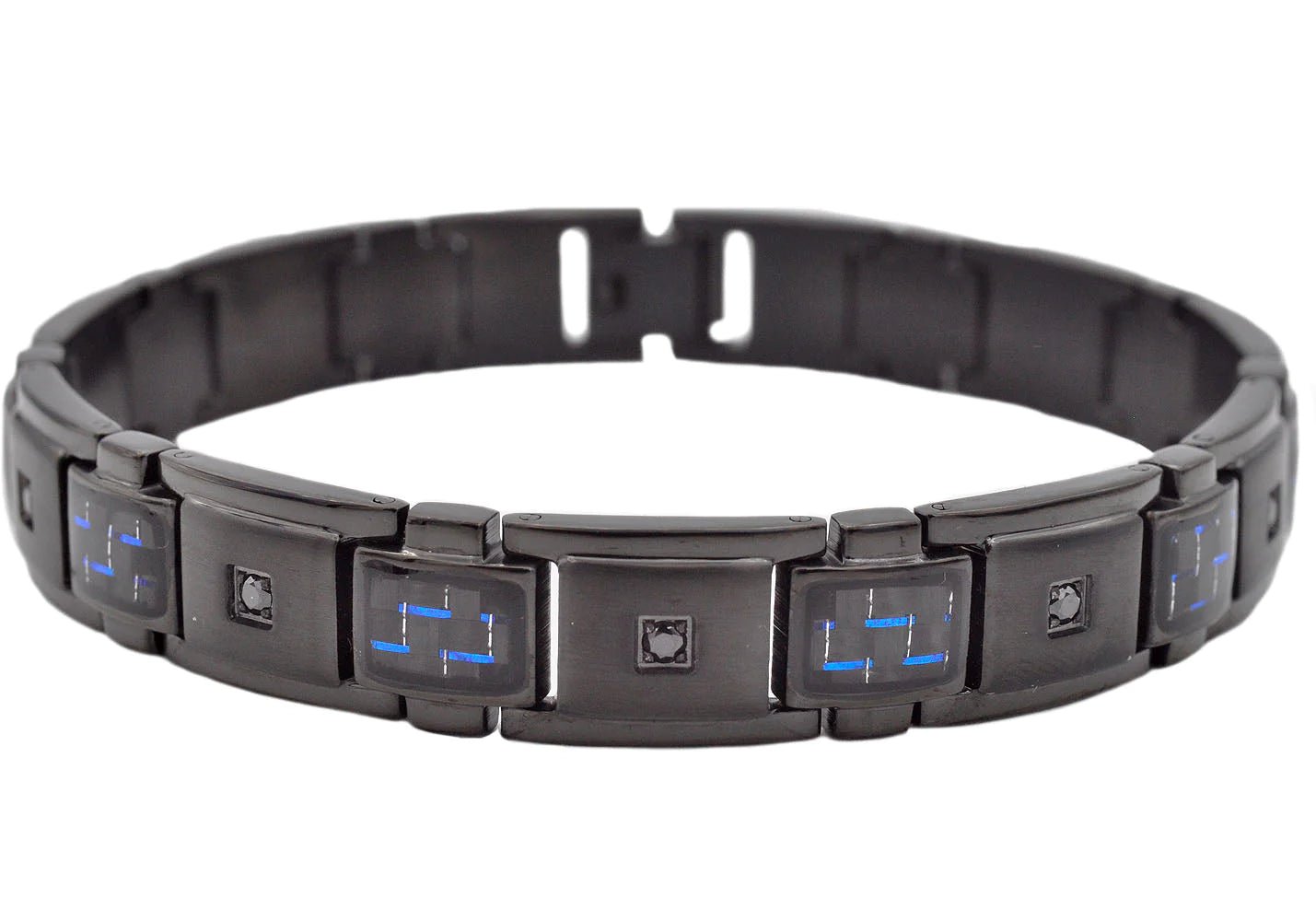 Mens Black And Blue Carbon Fiber Black Stainless Steel Bracelet With Black Cubic Zirconia - Pristine J LLC