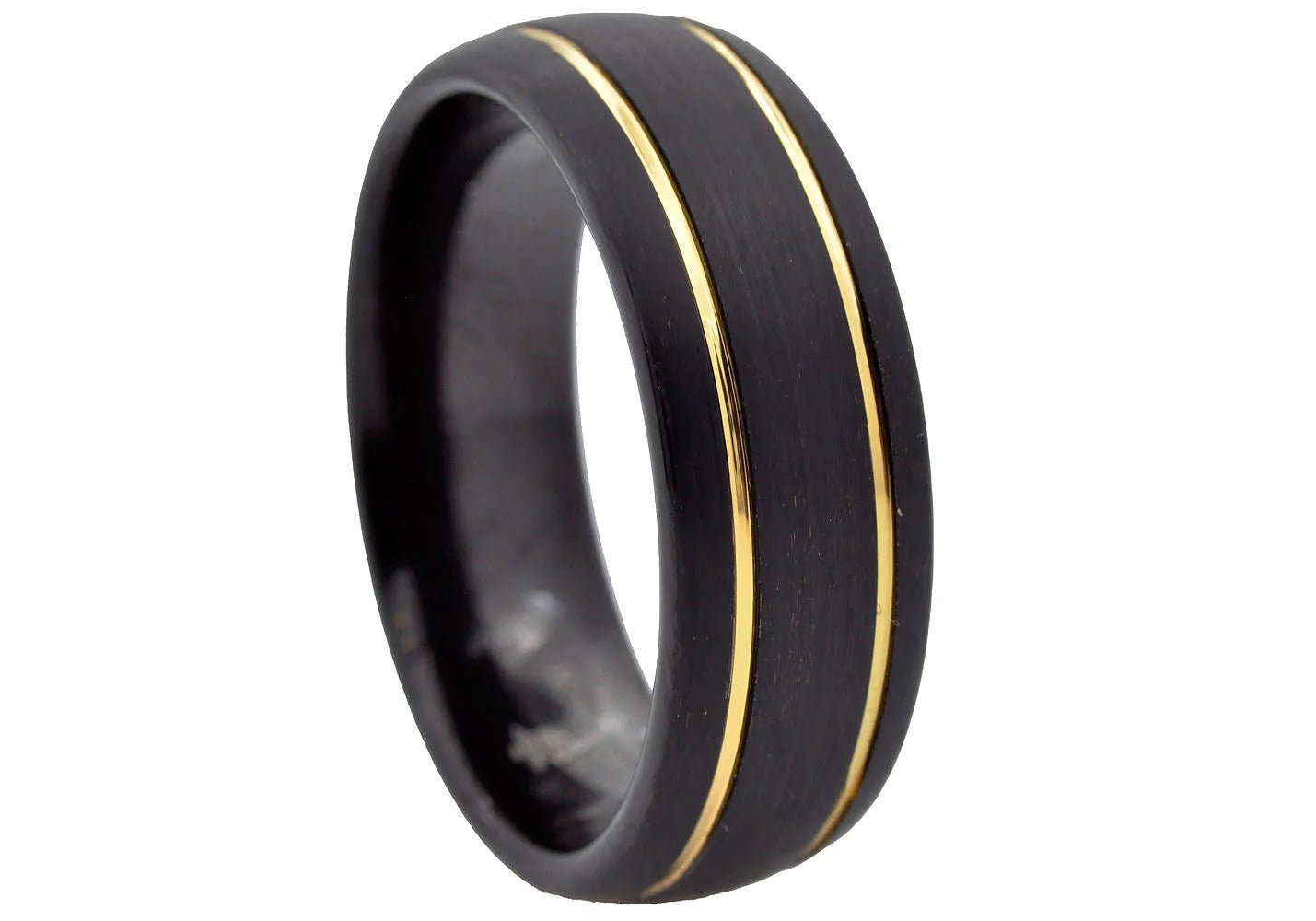 Men's Black & Gold Tungsten Double Etched Stripe Band Ring - Pristine J LLC