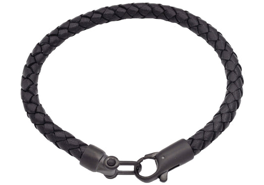 Mens Black Leather Black Gun Metal Stainless Steel Bracelet - Pristine J LLC