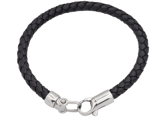 Mens Black Leather Stainless Steel Bracelet - Pristine J LLC