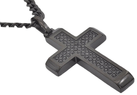 Mens Black Stainless Steel Cross Pendant With Black Cubic Zirconia - Pristine J LLC