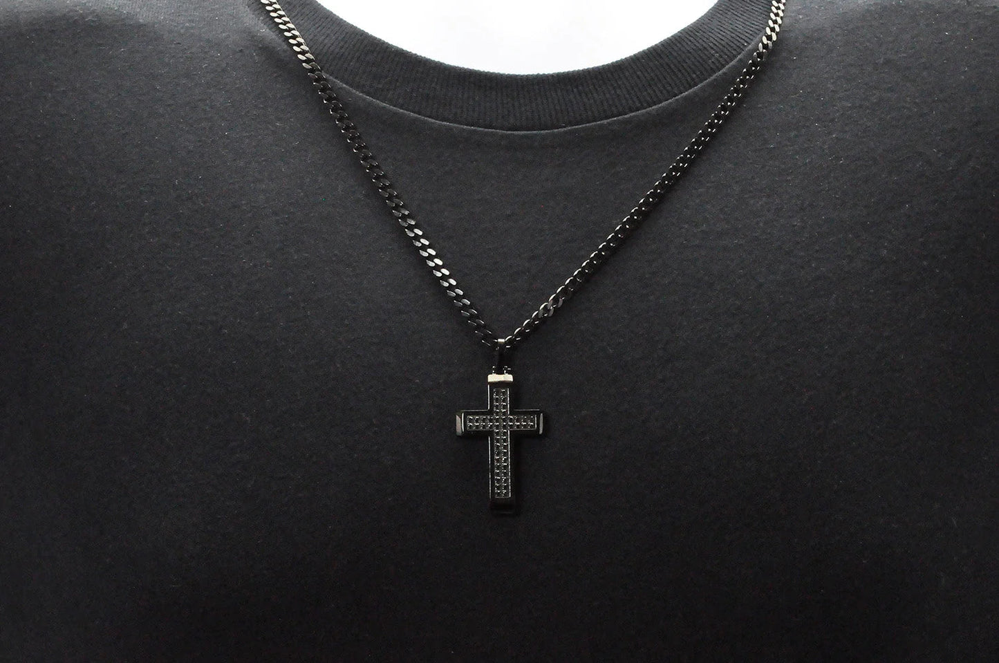 Mens Black Stainless Steel Cross Pendant With Black Cubic Zirconia - Pristine J LLC