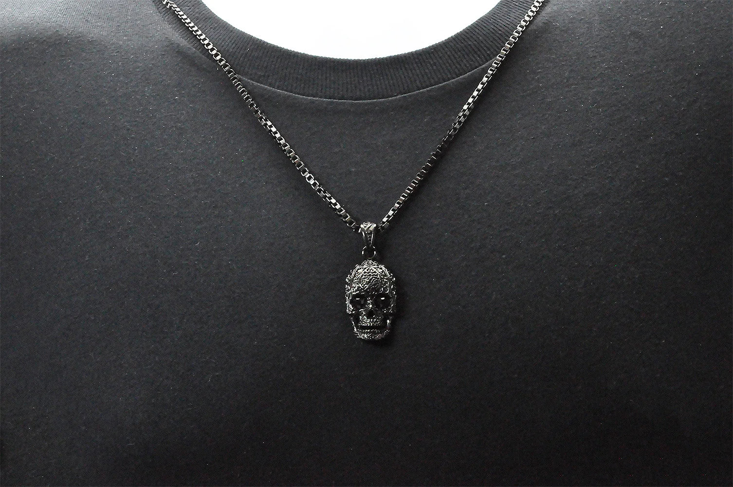 Mens Black Stainless Steel Skull Pendant With Black Cubic Zirconia - Pristine J LLC