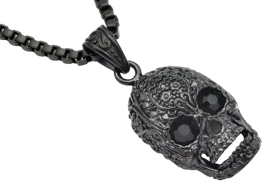 Mens Black Stainless Steel Skull Pendant With Black Cubic Zirconia - Pristine J LLC