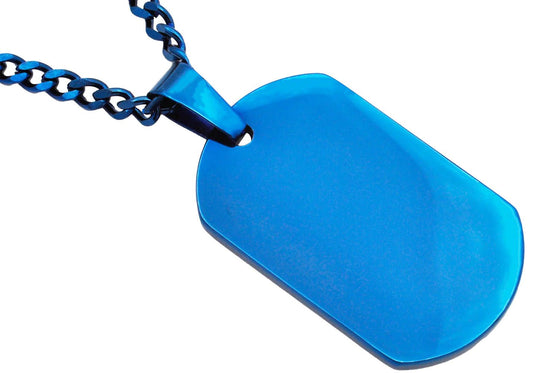 Mens Blue Plated Stainless Steel Engravable Dog Tag Pendant Necklace With 24" Blue Curb Chain - Pristine J LLC