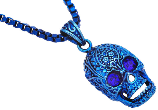 Mens Blue Stainless Steel Skull Pendant With Black Cubic Zirconia - Pristine J LLC