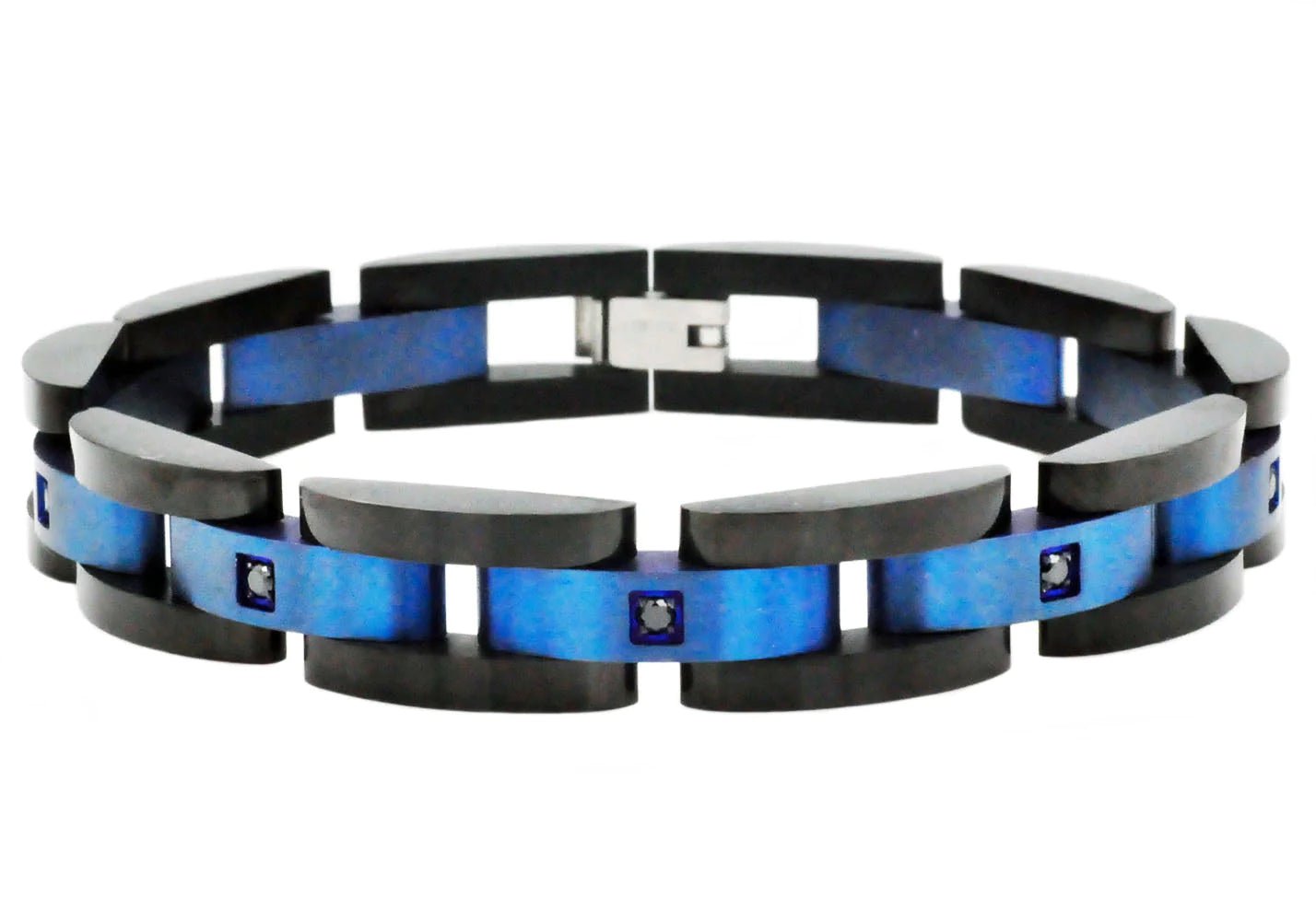 Mens Curved Link Black and Blue Stainless Steel Bracelet With Cubic Zirconia - Pristine J LLC