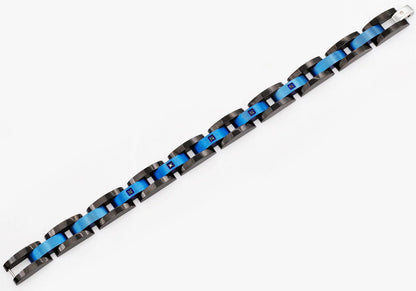 Mens Curved Link Black and Blue Stainless Steel Bracelet With Cubic Zirconia - Pristine J LLC