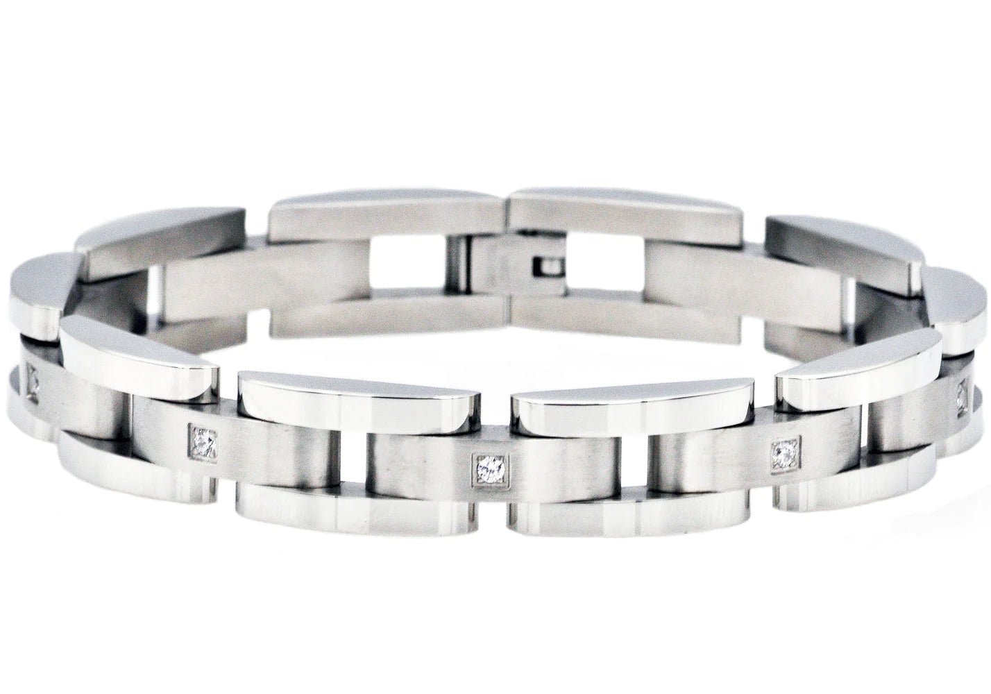 Mens Curved Link Stainless Steel Bracelet With Cubic Zirconia - Pristine J LLC