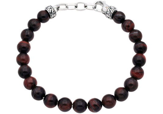 Mens Genuine 8mm Red Tiger Eye Bead Stainless Steel Bracelet - Pristine J LLC