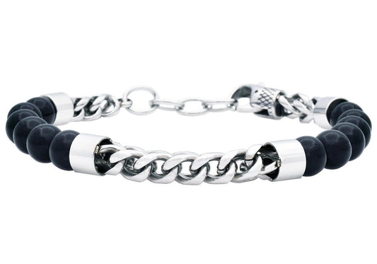 Mens Genuine Onyx Stainless Steel Beaded And Franco Link Chain Bracelet - Pristine J LLC