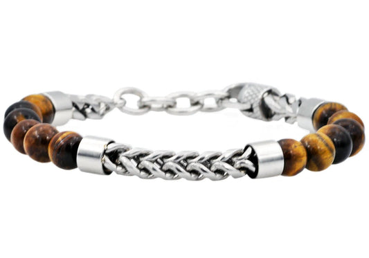 Mens Genuine Tiger Eye Stainless Steel Beaded And Franco Link Chain Bracelet With Adjustable Clasp - Pristine J LLC