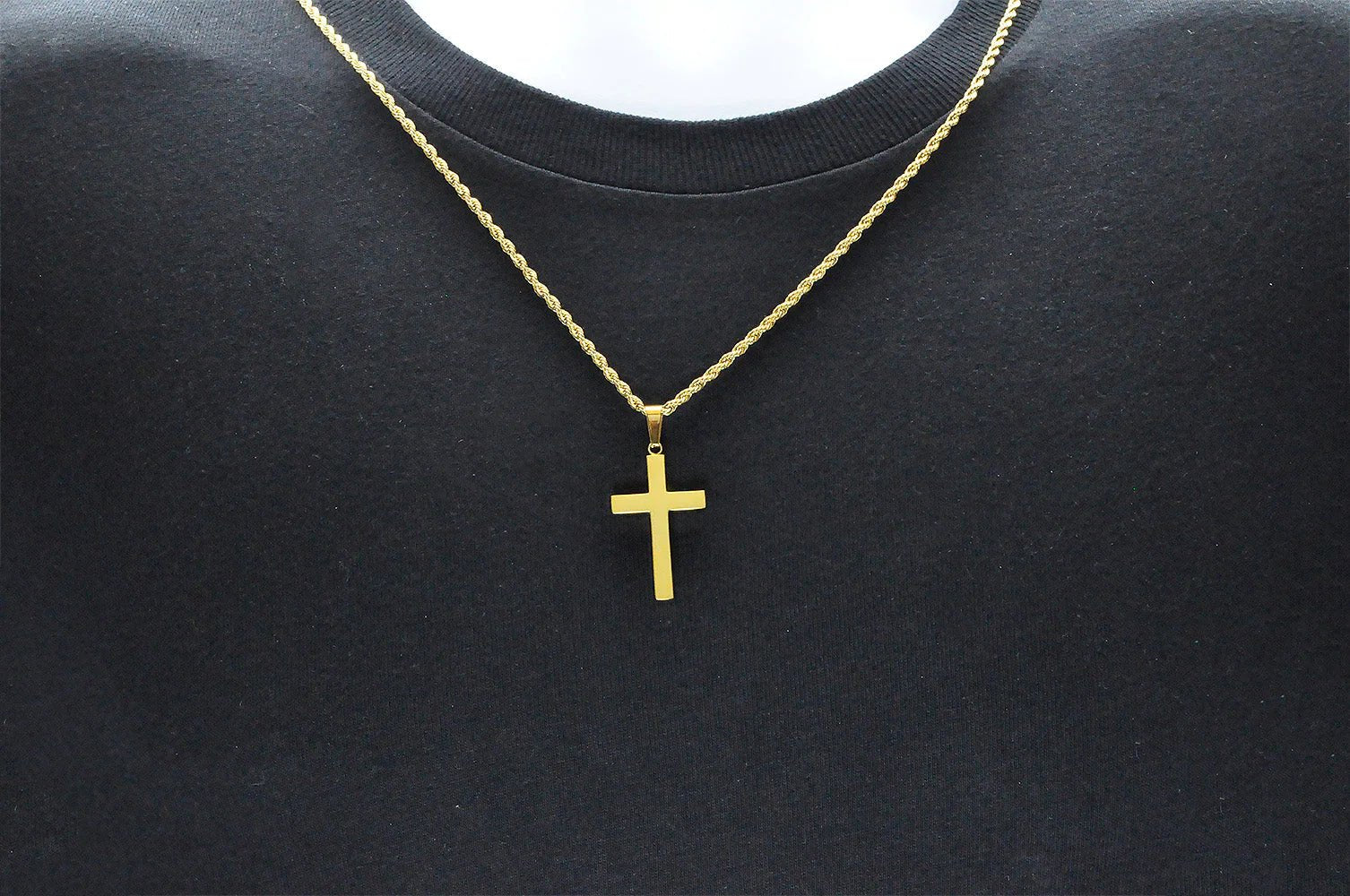 Mens Gold Stainless Steel Cross Pendant With 24" Rope Chain - Pristine J LLC