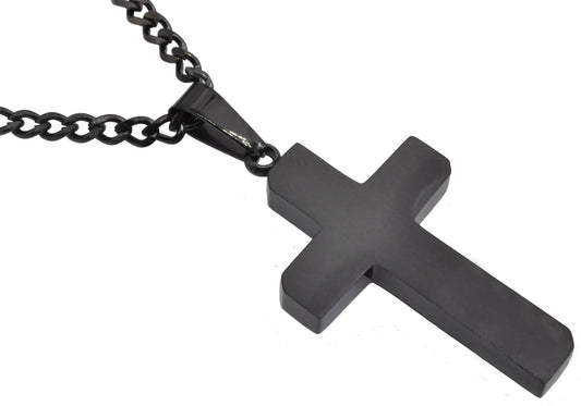 Mens Matt Black Stainless Steel Cross Pendant With 24" Curb Chain - Pristine J LLC