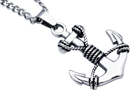 Mens Stainless Steel Anchor Pendant Necklace With 24" Curb Chain - Pristine J LLC