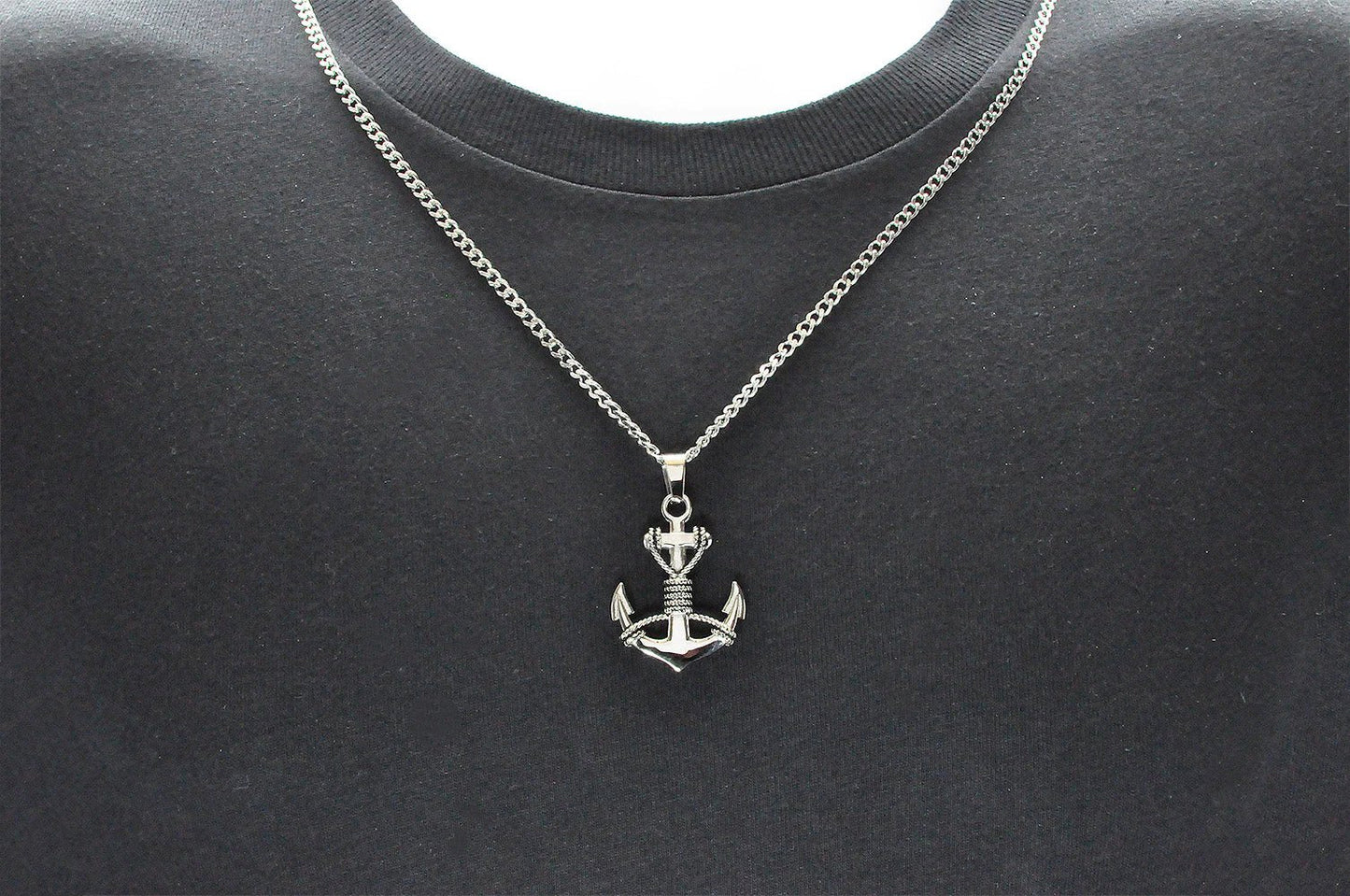 Mens Stainless Steel Anchor Pendant Necklace With 24" Curb Chain - Pristine J LLC