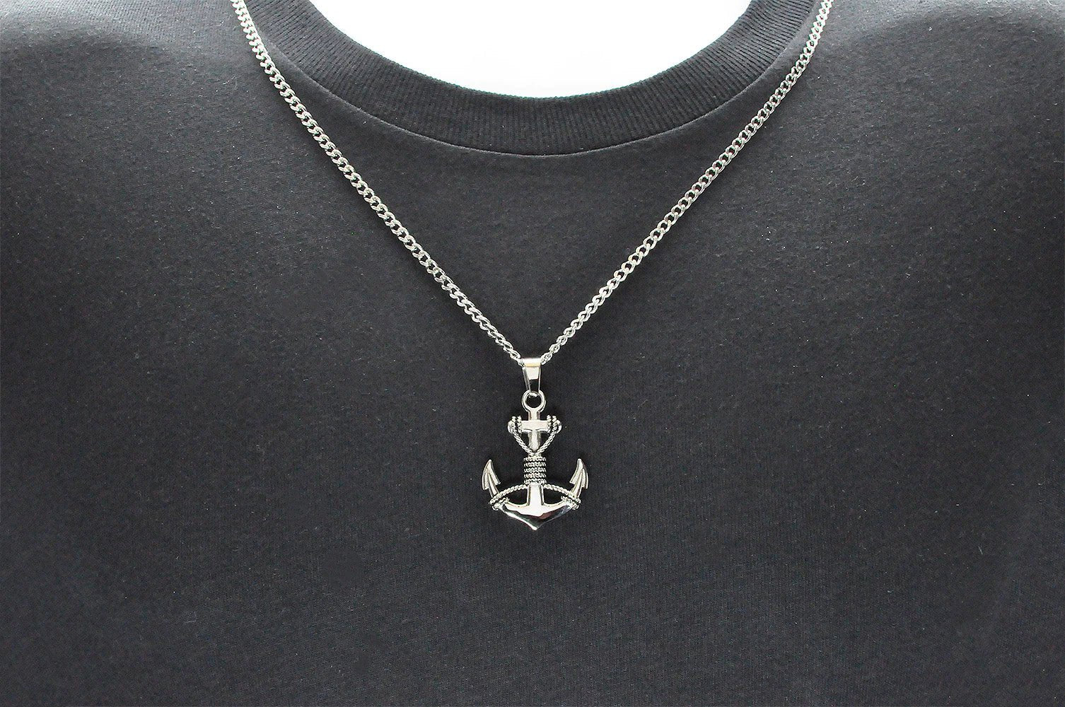 Mens Stainless Steel Anchor Pendant Necklace With 24" Curb Chain - Pristine J LLC