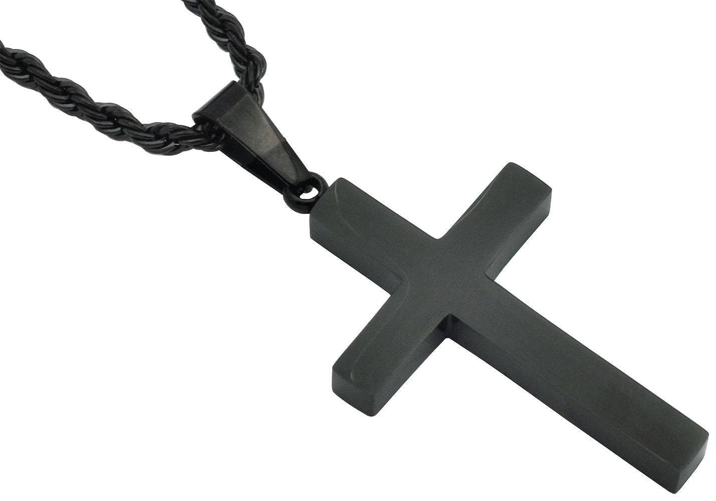 Mens Stainless Steel Black Plated Cross Pendant With 24" Rope Chain - Pristine J LLC