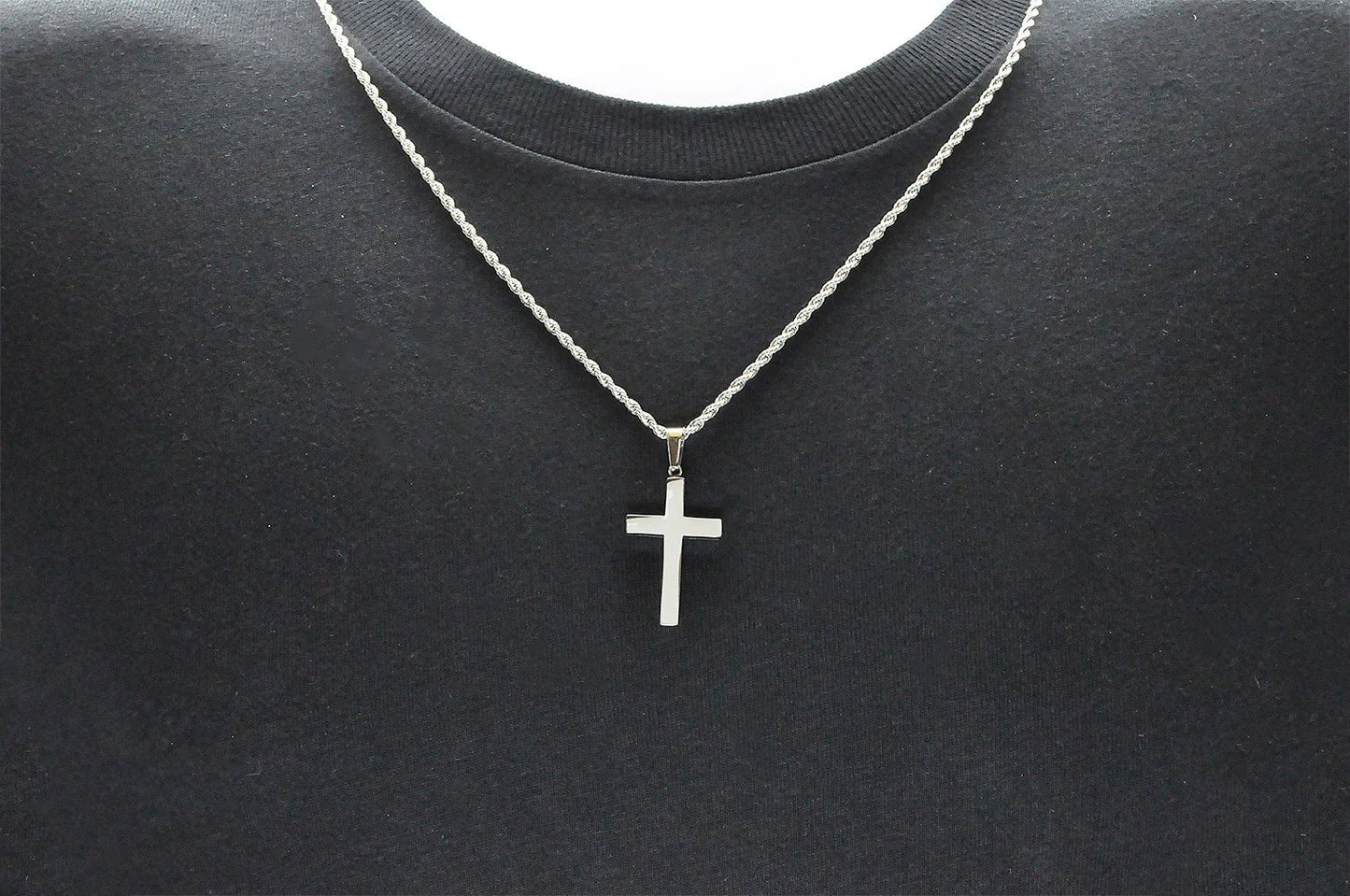 Mens Stainless Steel Cross Pendant With 24" Rope Chain - Pristine J LLC