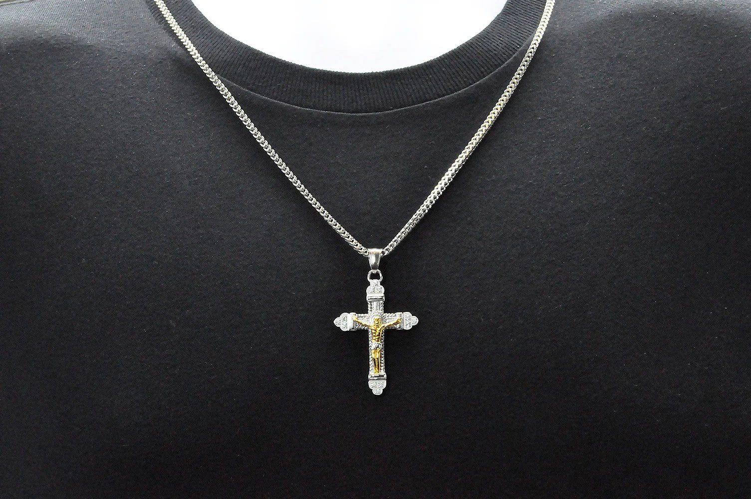 Mens Two Tone Gold Stainless Steel Cross Pendant With 24" Franco Chain - Pristine J LLC