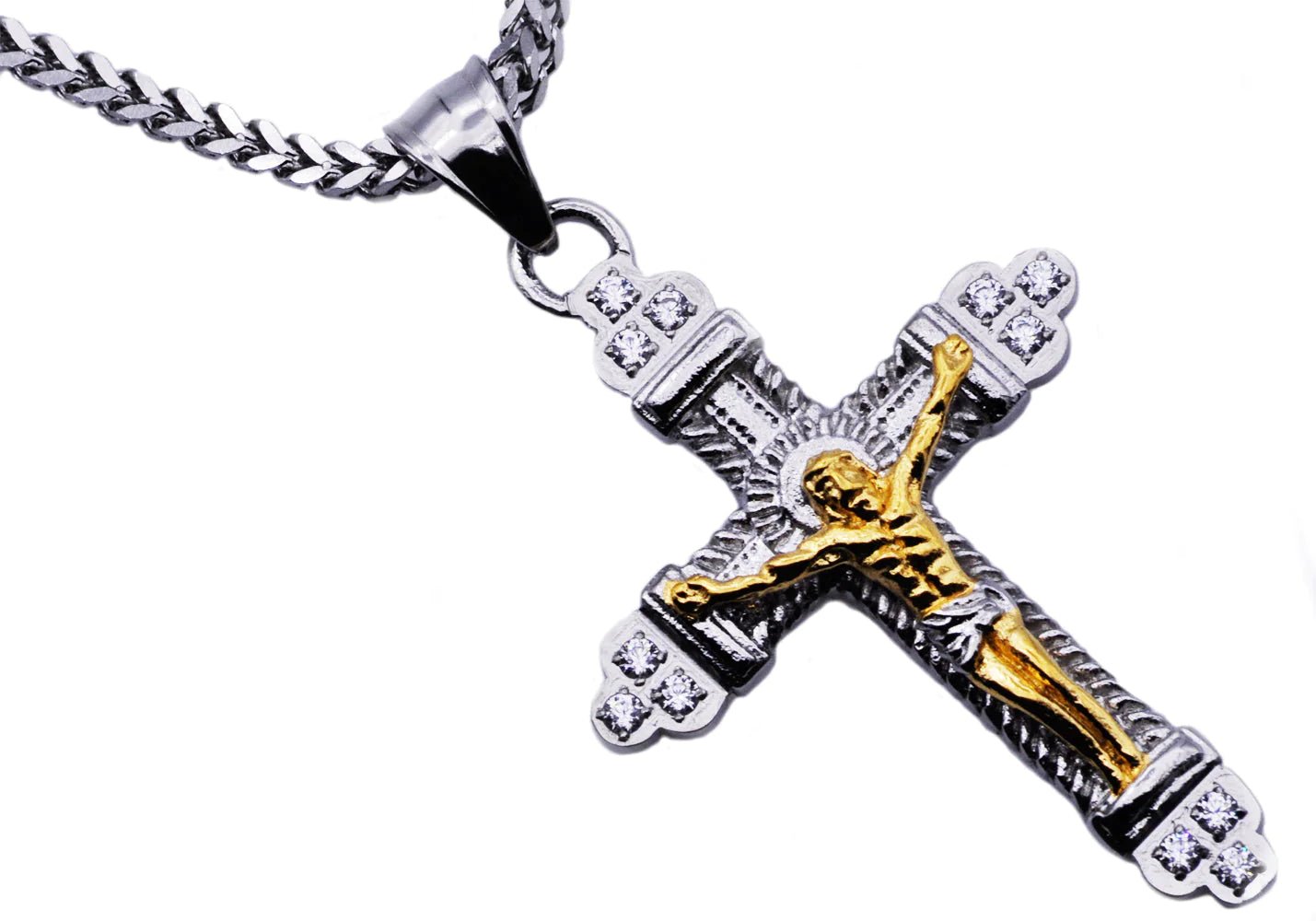 Mens Two Tone Gold Stainless Steel Cross Pendant With 24" Franco Chain - Pristine J LLC