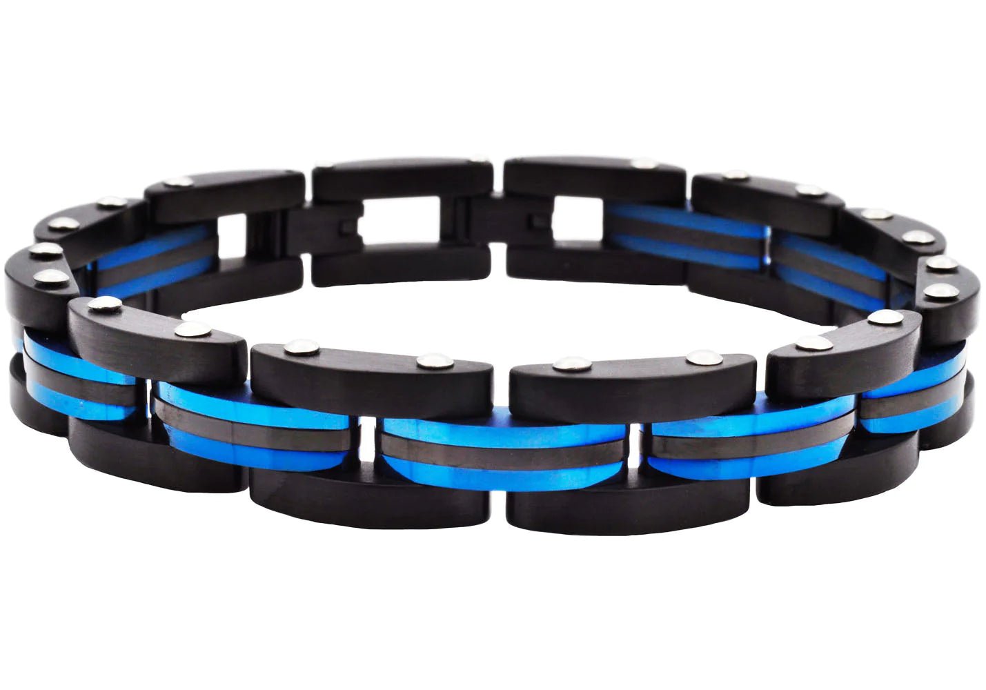 Mens Two Toned Striped Black and Blue Stainless Steel Bracelet - Pristine J LLC