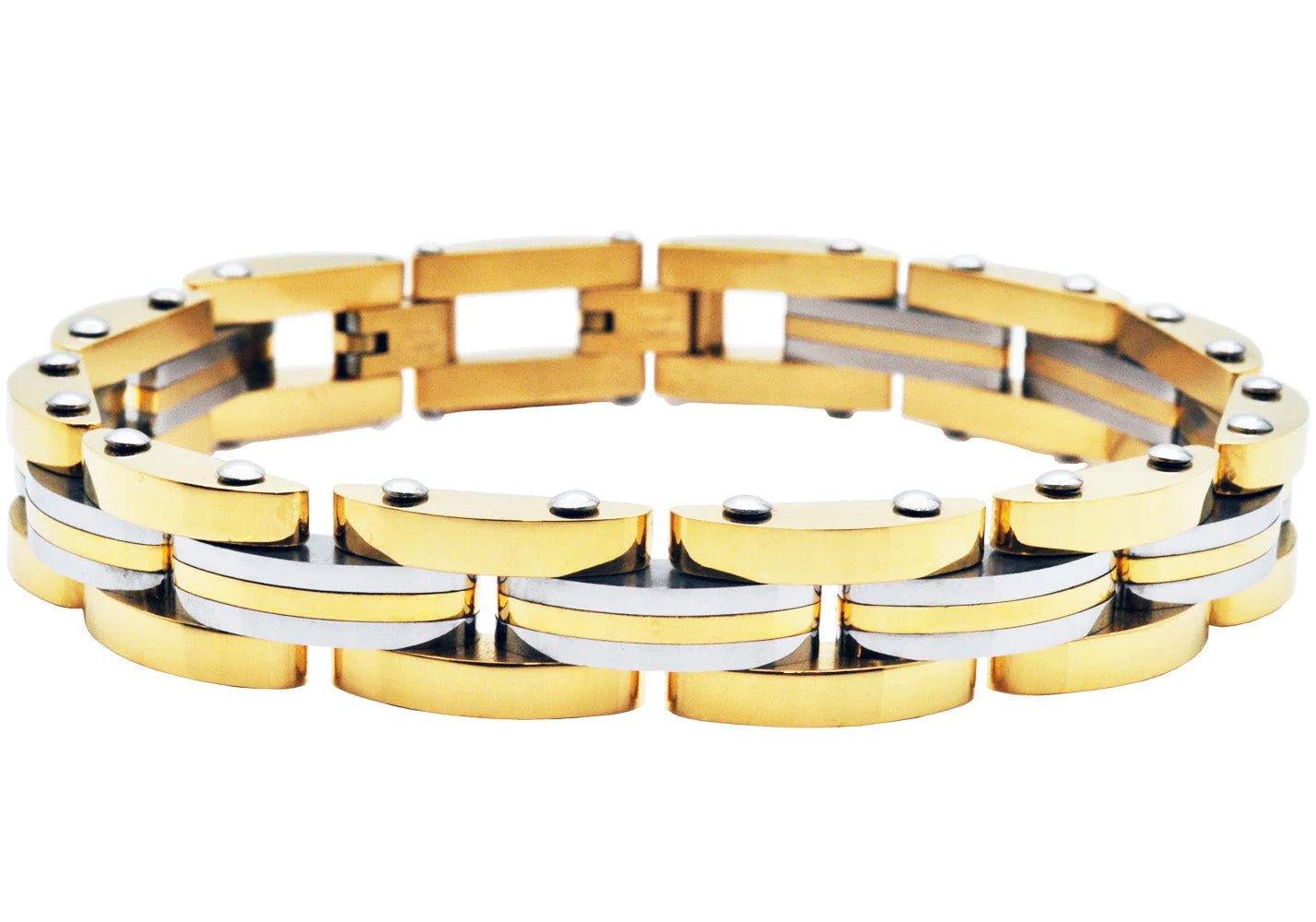 Mens Two Toned Striped Gold and Stainless Steel Bracelet - Pristine J LLC