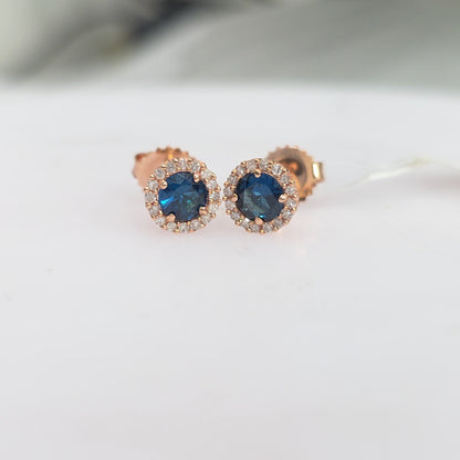 14kt Rose Gold Natural Diamond Halo Earirng with Deep Royal Blue Lab Created Sapphire