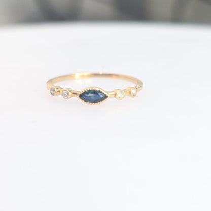 14K Yellow Gold Genuine Blue Sapphire & Lab Grown Diamond Marquise Ring – 0.20 CTW – Size 7