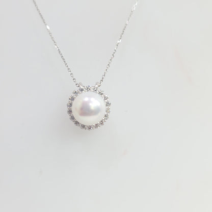 14K White Gold Pearl & Diamond Halo Necklace