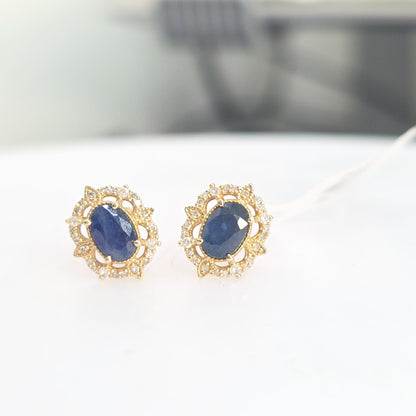 14K Yellow Gold Sapphire & Diamond Stud Earrings 1-1/3 CTW Sapphire 1/8 CTW Diamond Oval Halo