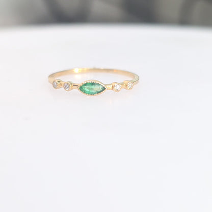 14K Yellow Gold Genuine Emerald & Lab Grown Diamond Marquise Ring – Size 7