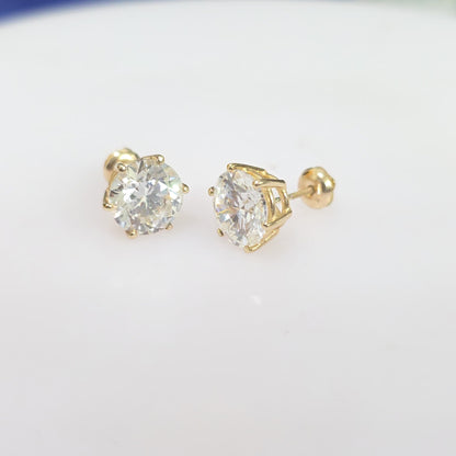 14KT Yellow Gold 6.00 CTW Round Diamond Stud Earrings – 6 Prong Basket Setting – Screw Backs