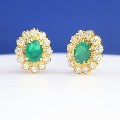 18K Yellow Gold Natural Emerald & Diamond Halo Lever Back Earrings | 4.83 CTW